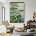 Impressionist hand-painted canvas depicting water lilies and lily pads in layered greens, whites, and blues, contemporary living space