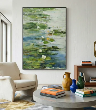Impressionist hand-painted canvas depicting water lilies and lily pads in layered greens, whites, and blues, contemporary living space