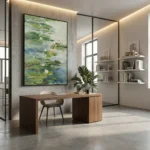 Impressionist hand-painted canvas depicting water lilies in soft greens, yellows, and blues, modern office setting