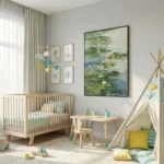 Impressionist hand-painted canvas depicting water lilies and aquatic flora in soft greens, blues, and cream tones, nursery setting