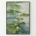 Impressionist hand-painted canvas depicting water lilies and lily pads in layered greens, whites, and yellows with soft brushwork