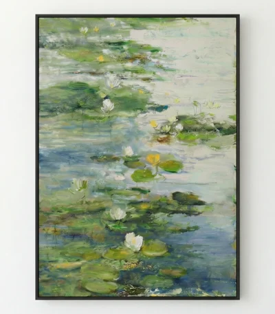 Impressionist hand-painted canvas depicting water lilies and lily pads in layered greens, whites, and yellows with soft brushwork