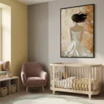 Textured contemporary hand-painted canvas depicting a figure in flowing white garment with dark flowing hair against warm ochre and cream tones, styled in a nursery setting
