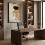 Textured figurative hand-painted canvas depicting woman in flowing white dress with black hair against cream and gold floral background, contemporary office setting
