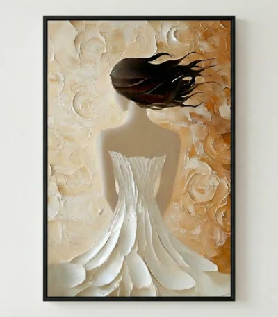 Textured figurative hand-painted canvas depicting woman in flowing white dress with dark flowing hair against cream and gold palette