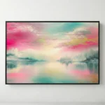 Impressionist hand-painted canvas depicting serene lakeside landscape with pink and turquoise sky reflections, contemporary living space