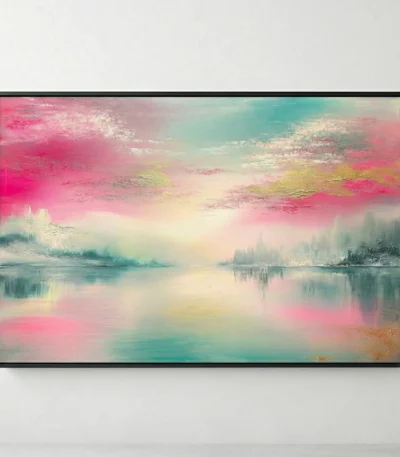 Impressionist hand-painted canvas depicting serene lakeside landscape with pink and turquoise sky reflections, contemporary living space