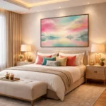 Impressionist landscape hand-painted canvas depicting serene lake at sunset in soft pink, turquoise, and cream tones, modern bedroom