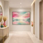 Contemporary landscape hand-painted canvas depicting pink and turquoise sky reflected in still water, modern hallway