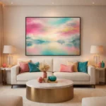 Impressionist landscape hand-painted canvas depicting serene lakeside sunset in soft pink, turquoise, and gold tones, contemporary living space