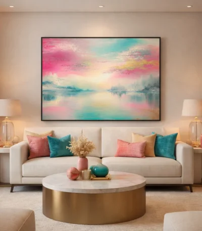 Impressionist landscape hand-painted canvas depicting serene lakeside sunset in soft pink, turquoise, and gold tones, contemporary living space