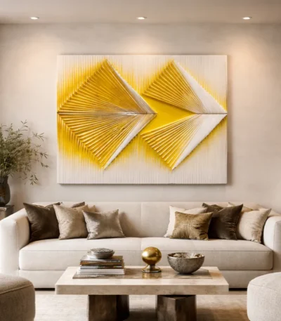 Contemporary abstract hand-painted canvas featuring geometric arrow forms in vibrant yellow and cream tones, modern living space