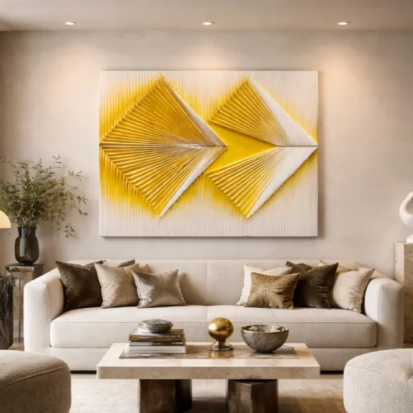 Contemporary abstract hand-painted canvas featuring geometric arrow forms in vibrant yellow and cream tones, modern living space