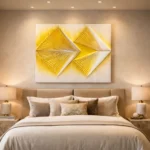 Geometric abstract hand-painted canvas with layered yellow and white chevron forms, modern bedroom