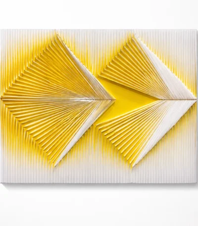 Contemporary textured hand-painted canvas with geometric chevron patterns in vibrant yellow and cream tones