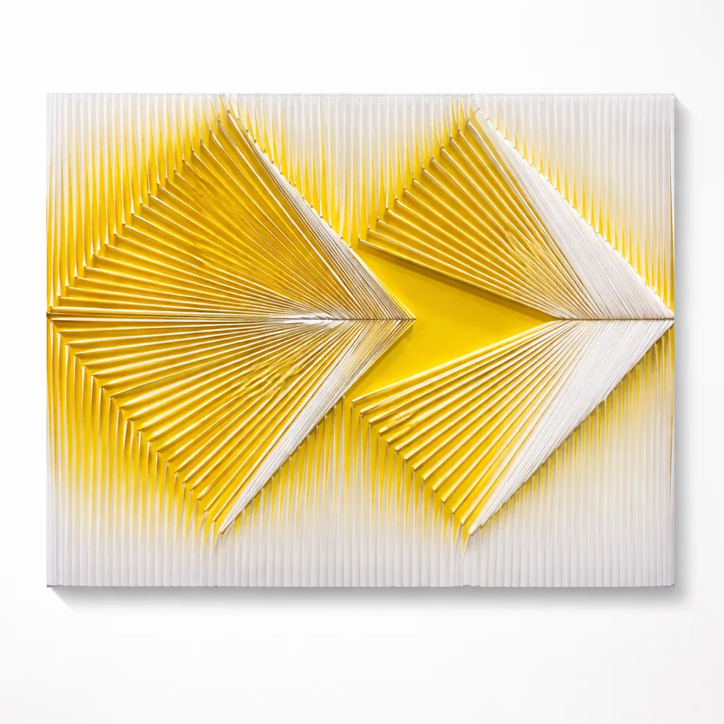 Contemporary textured hand-painted canvas with geometric chevron patterns in vibrant yellow and cream tones