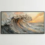 Textured impressionist seascape painting depicting a dynamic cresting wave at sunset in cream, gold, and bronze tones, modern living space