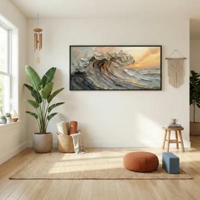 Textured seascape hand-painted canvas depicting turbulent ocean waves with golden sunset tones, contemporary living space