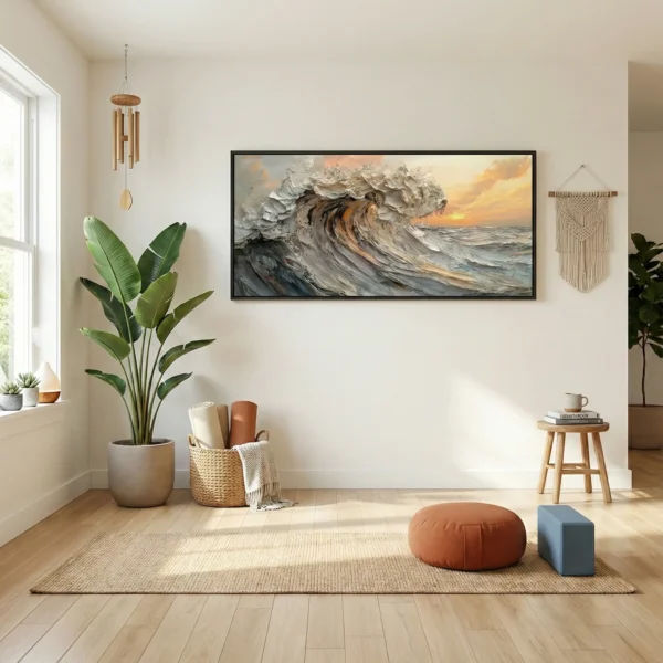 Textured seascape hand-painted canvas depicting turbulent ocean waves with golden sunset tones, contemporary living space