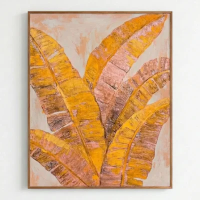 Textured hand-painted canvas depicting stylized tropical banana leaves in warm ochre, gold, and mauve tones