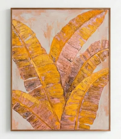 Textured hand-painted canvas depicting stylized tropical banana leaves in warm ochre, gold, and mauve tones