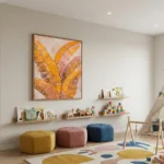 Gestural contemporary hand-painted canvas featuring golden banana leaves in warm ochre and terracotta tones, children's playroom