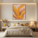 Textured abstract hand-painted canvas depicting oversized tropical banana leaves in warm ochre and terracotta tones, contemporary bedroom