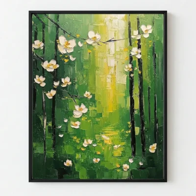 Textured hand-painted canvas depicting white and golden flowers cascading through verdant green and yellow layered brushstrokes, contemporary living space