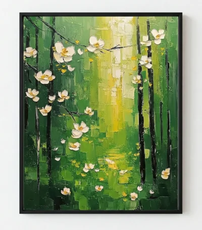 Textured hand-painted canvas depicting white and golden flowers cascading through verdant green and yellow layered brushstrokes, contemporary living space