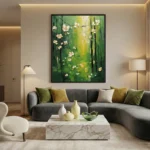 Layered abstract painting with white blossoms cascading across verdant green and golden tones, hand-painted canvas in contemporary living space