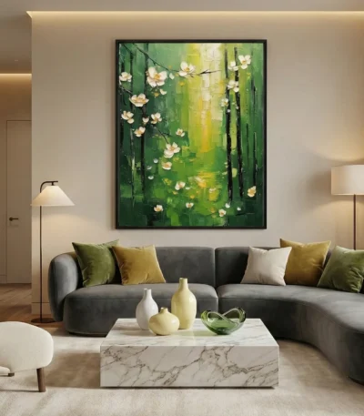 Layered abstract painting with white blossoms cascading across verdant green and golden tones, hand-painted canvas in contemporary living space