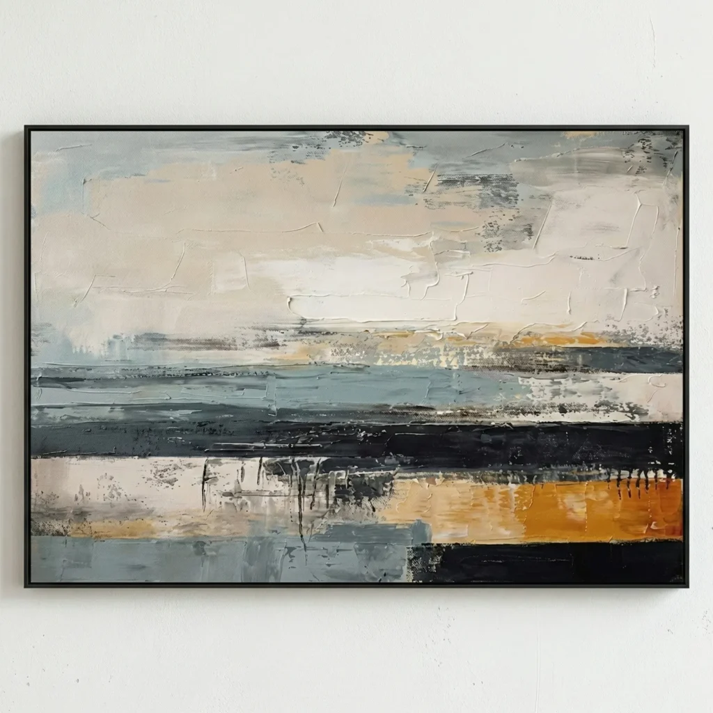 Layered abstract hand-painted canvas with horizontal striations in cream, teal, gold, and charcoal tones, white wall backdrop