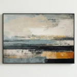 Layered abstract hand-painted canvas with horizontal striations in cream, teal, gold, and charcoal tones, white wall backdrop