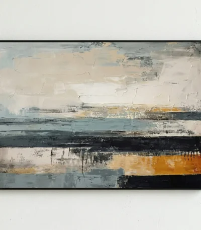 Layered abstract hand-painted canvas with horizontal striations in cream, teal, gold, and charcoal tones, white wall backdrop