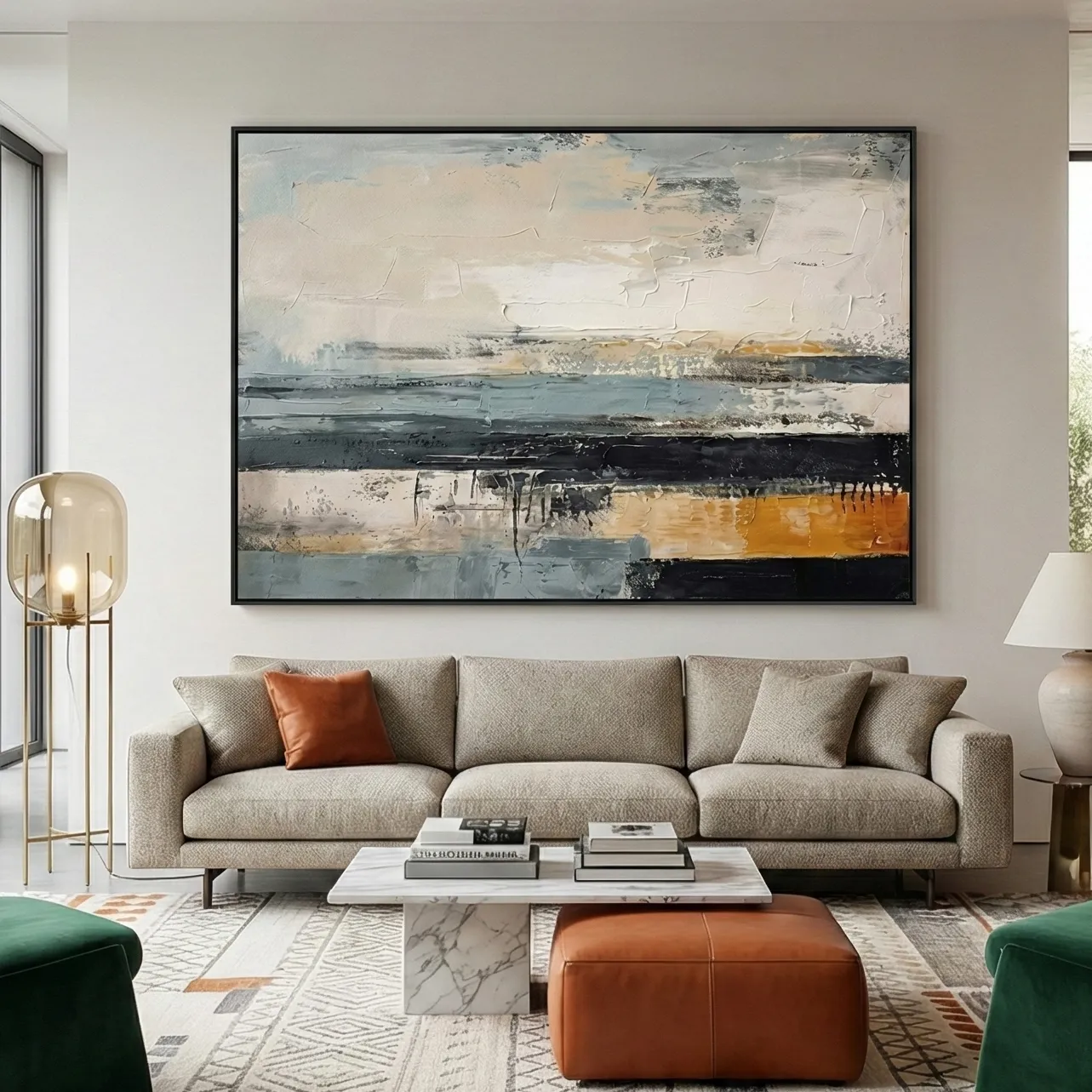 Golden Grey Horizon Textured abstract landscape painting contemporary minimal art (3) Layered abstract hand-painted canvas in cream, charcoal, and ochre horizontal strokes, contemporary living space