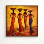 Contemporary figurative hand-painted canvas depicting four stylized women in red dresses holding vessels, warm golden and terracotta palette