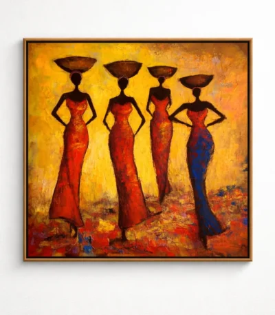 Contemporary figurative hand-painted canvas depicting four stylized women in red dresses holding vessels, warm golden and terracotta palette
