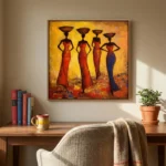 Figurative hand-painted canvas depicting four stylized women in red dresses holding vessels, warm golden-orange palette, contemporary workspace