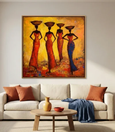 Contemporary figurative hand-painted canvas depicting four silhouetted women in vibrant red and blue dresses against warm golden-orange background, modern living space