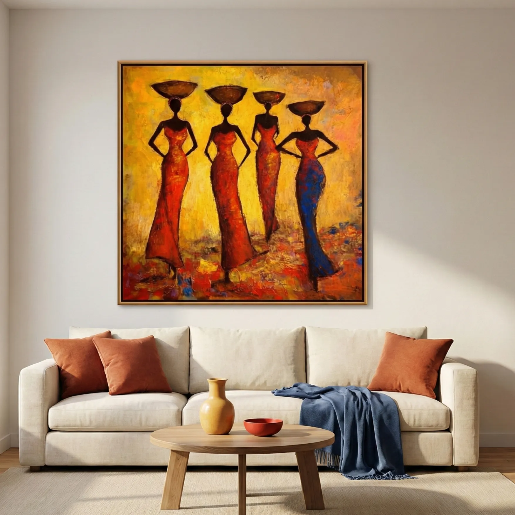 Golden Harmony African Elegance Abstract Wall Art (5) Contemporary figurative hand-painted canvas depicting four silhouetted women in vibrant red and blue dresses against warm golden-orange background, modern living space