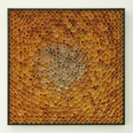 Textured abstract hand-painted canvas with concentric circles in golden amber and neutral taupe tones