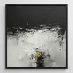 Textured abstract hand-painted canvas in monochromatic blacks, whites, and gold accents with gestural brushwork, contemporary living space