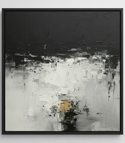 Textured abstract hand-painted canvas in monochromatic blacks, whites, and gold accents with gestural brushwork, contemporary living space