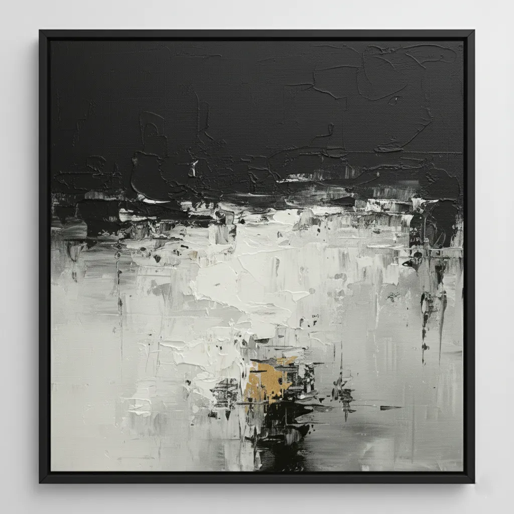Textured abstract hand-painted canvas in monochromatic blacks, whites, and gold accents with gestural brushwork, contemporary living space