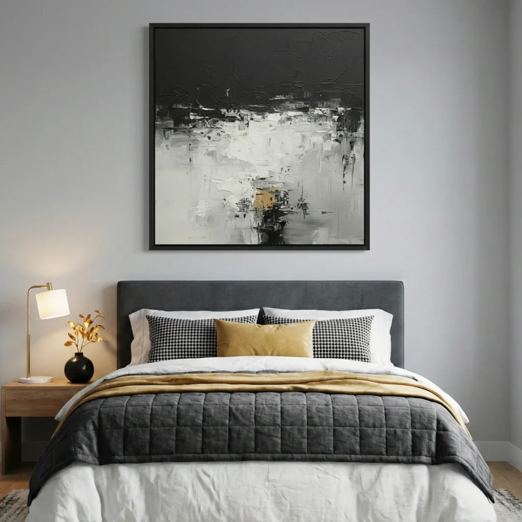 Contemporary abstract hand-painted canvas in gestural black, white and gold tones, modern bedroom