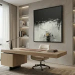 Gestural abstract painting in monochrome black and white with ochre accents, hand-painted canvas in contemporary office space