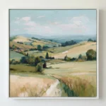 Impressionist hand-painted canvas depicting rolling Tuscan hills with cypress trees, golden wheat fields, and soft blue sky