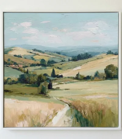 Impressionist hand-painted canvas depicting rolling Tuscan hills with cypress trees, golden wheat fields, and soft blue sky