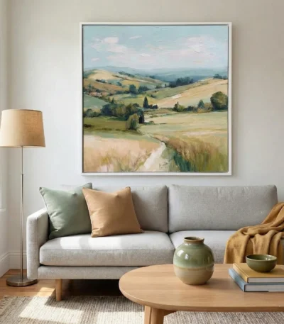Contemporary landscape hand-painted canvas depicting rolling Tuscan hills, golden fields, and cypress trees in soft greens and warm earth tones, modern living space