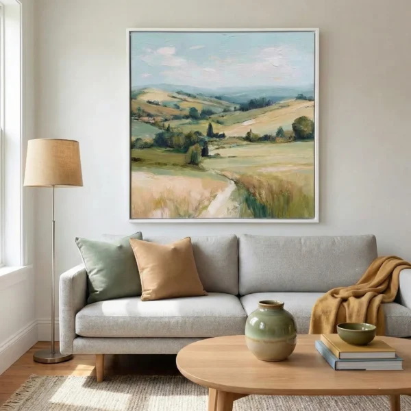 Contemporary landscape hand-painted canvas depicting rolling Tuscan hills, golden fields, and cypress trees in soft greens and warm earth tones, modern living space